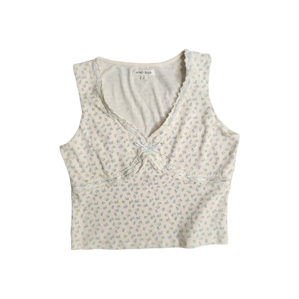 Rebel + Leigh NWT Ivory Ditsy Floral Lace- Trim Pointelle Tank L Coquette - Picture 2 of 8